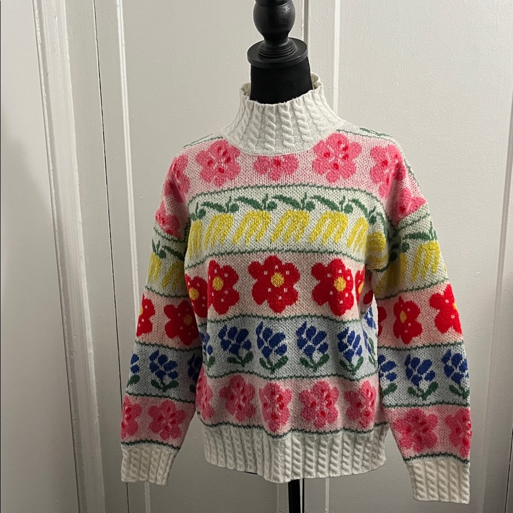 Polagram Floral Knit Sweater Stand Collar Elegant Sweet Pullover - Picture 3 of 17